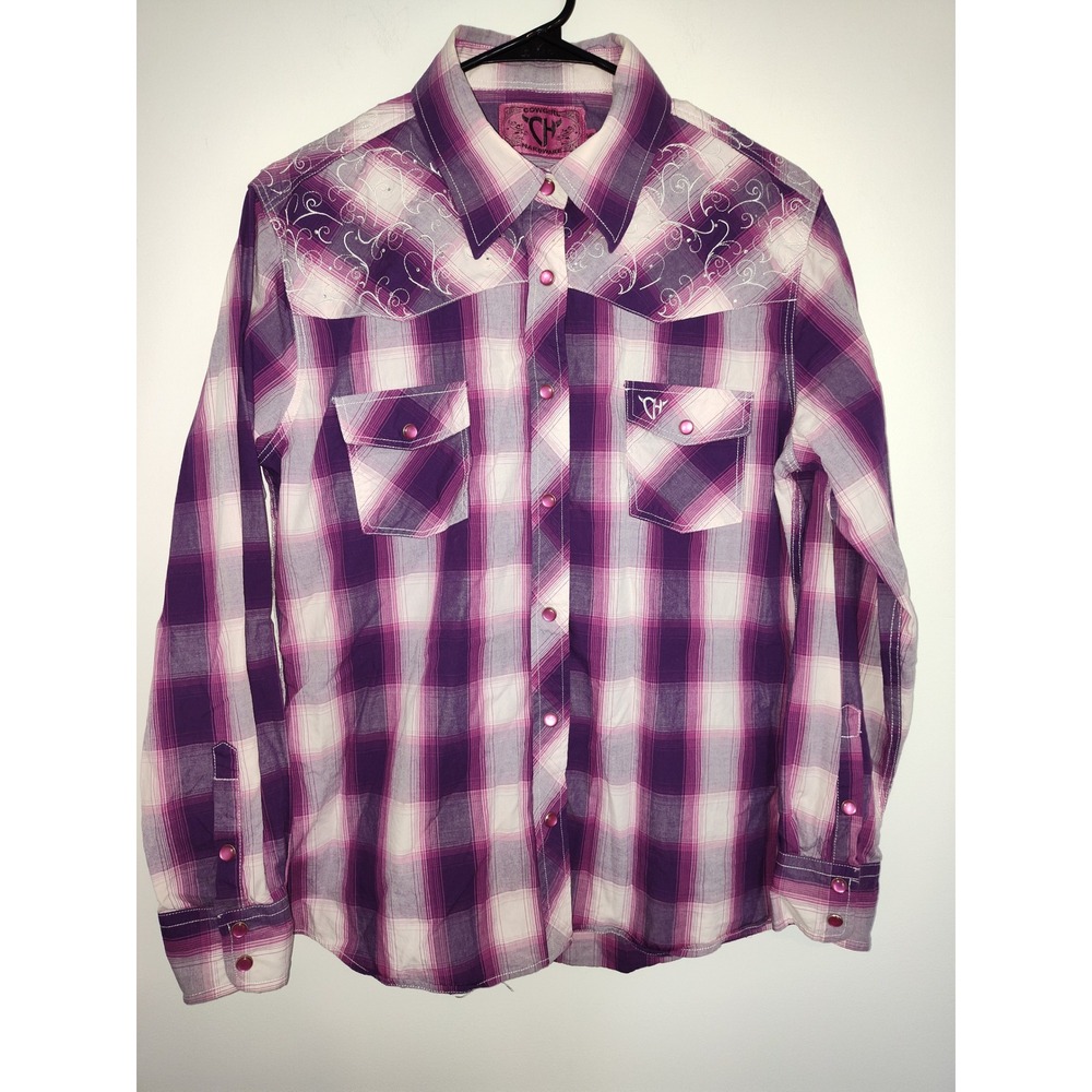 Cowgirl Hardware Womens Purple Plaid Embroidered Western Snap Shirt Medium MD